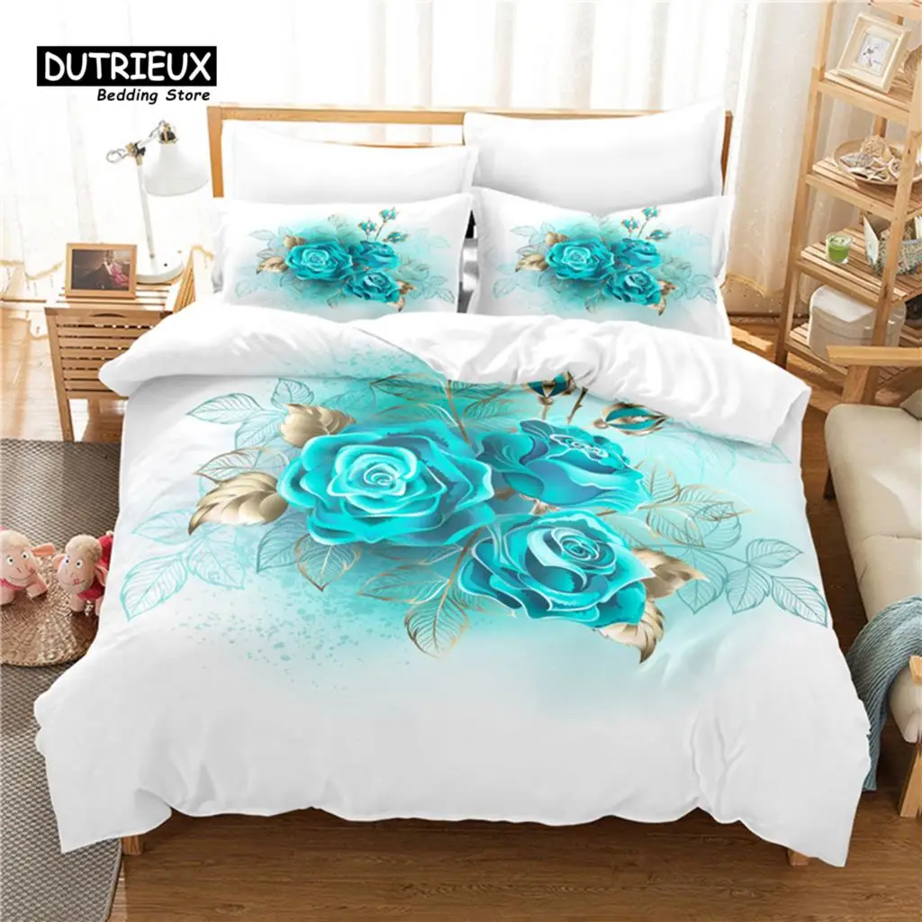 

Blue Flower Duvet Cover Set, Fashion Bedding Set, Soft Comfortable Breathable Duvet Cover, For Bedroom Guest Room Decor