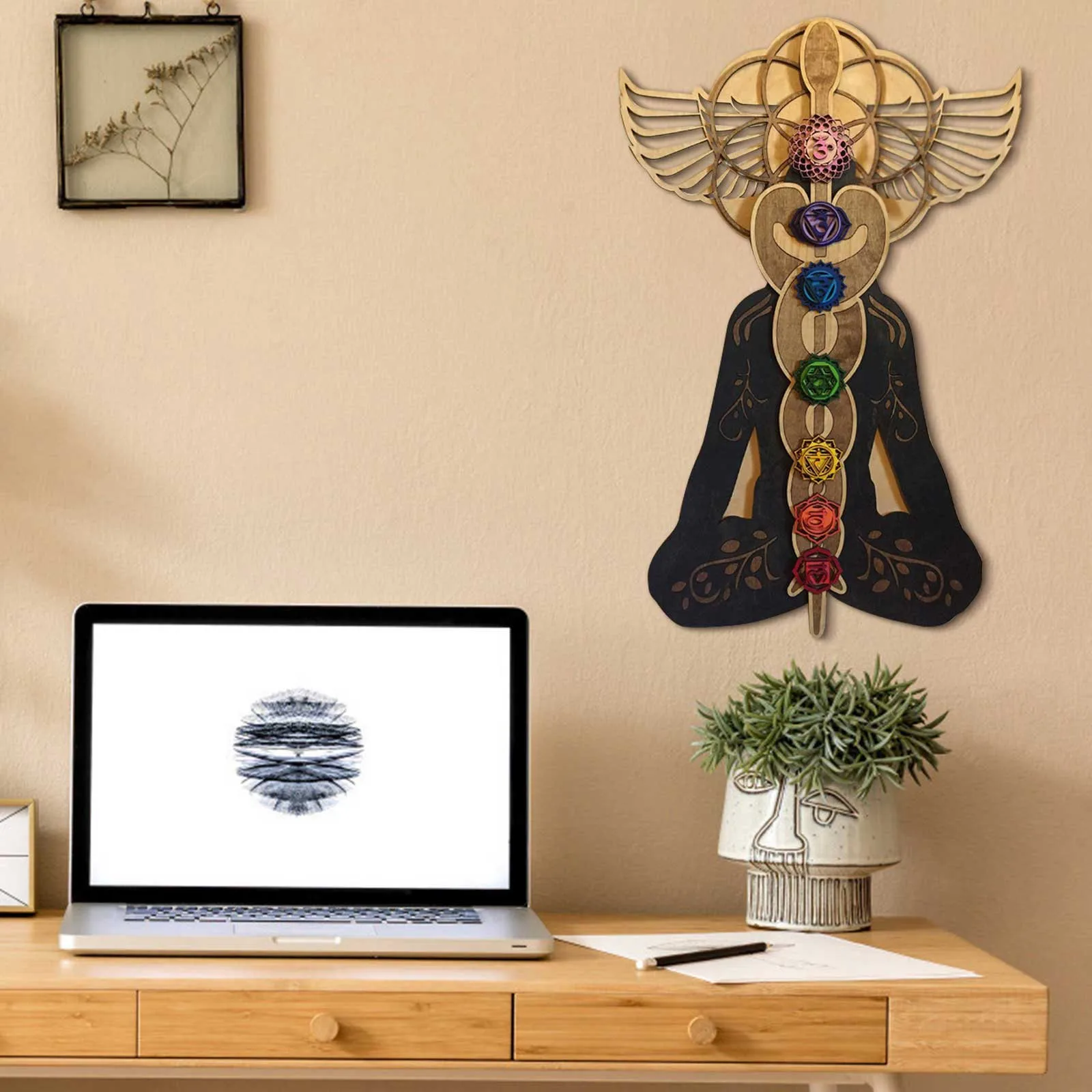 Kundalini Chakra Imitation Wood Wall Art Meditation Crafts Healing Decoration Pendants Hanging Ornaments Gift Home Decor 3