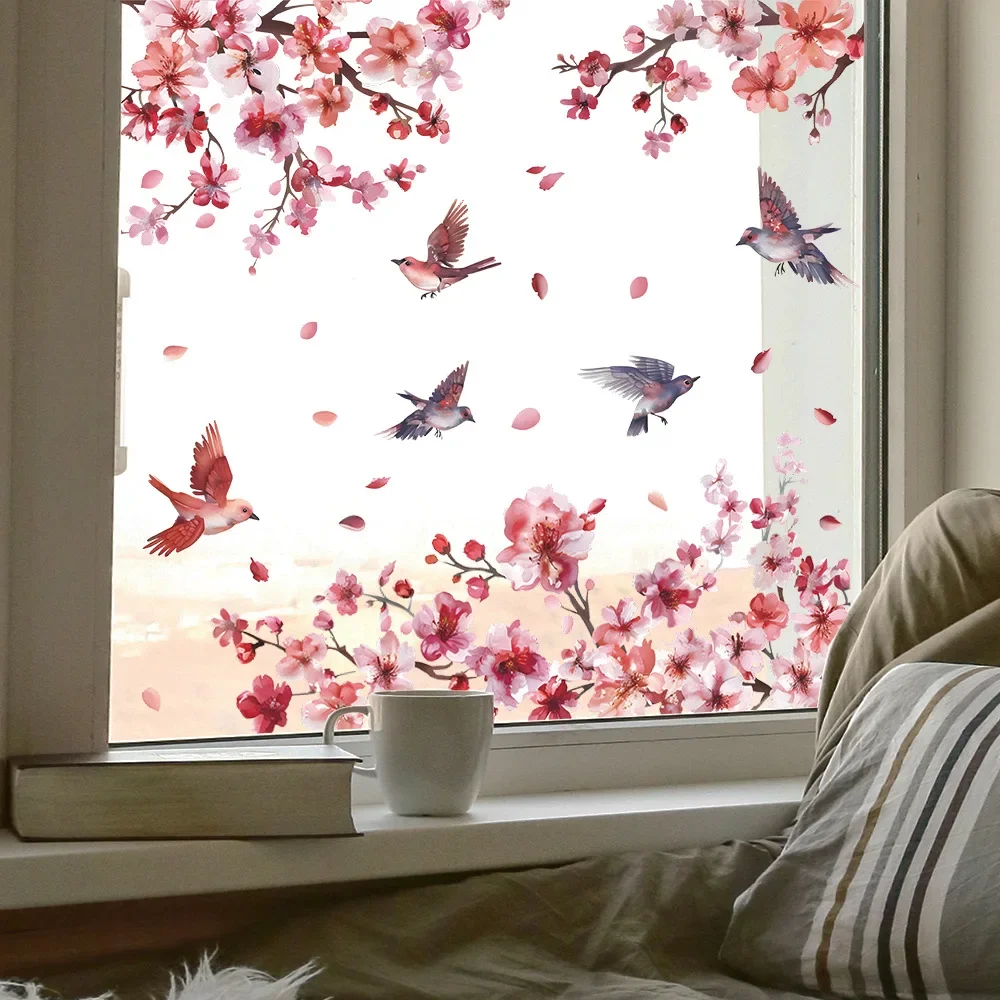 1PCS Foreign Trade Peach Blossom Branch Bird Glass Window Home Beautify Decoration Electrostatic Uv Window Sticker window stickers