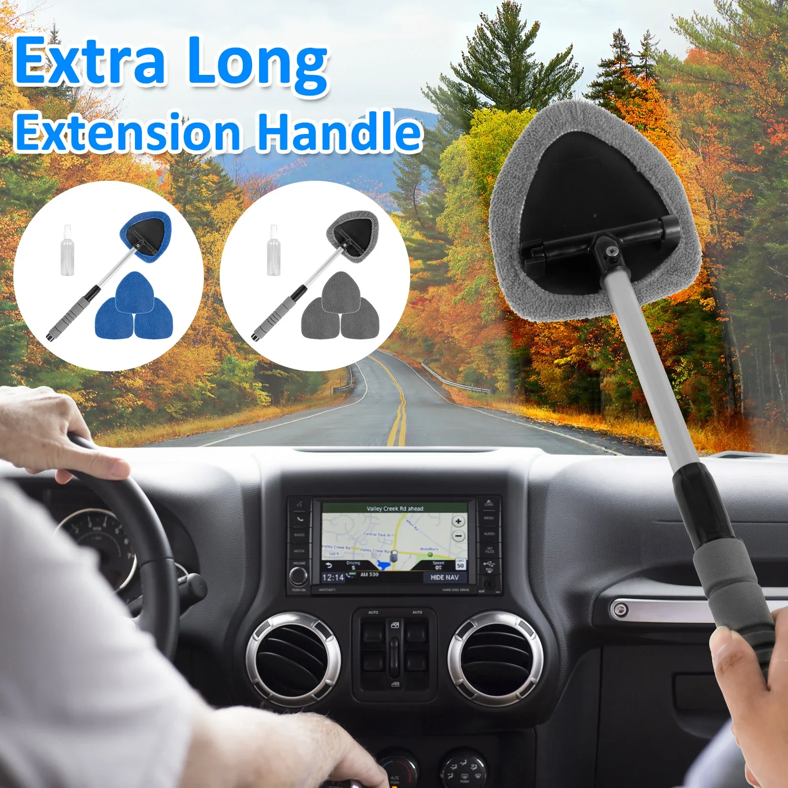 Car Windshield Cleaner Microfiber Brush with Washable Pad Extendable Handle