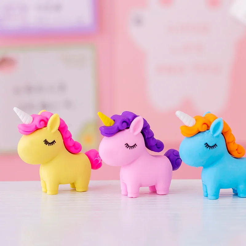 3Pcs/Lot Cute Cartoon Unicorn Eraser Kawaii 3D Pony Detachable Pencil Eraser Rubber For Kids School Student Stationery Gifts 3