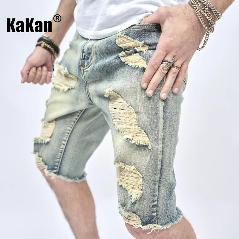 Kakan - European and American New Product Men's Half Slim Fit Small Feet Scratched Jeans Trendy Youth Perforated Shorts Jeans