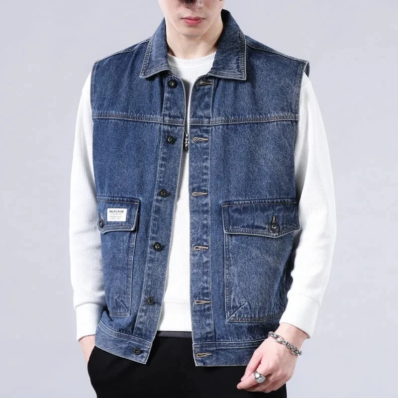 

Sleeveless Cargo Jacket Slim Denim Vest Men Spring Autumn Casual Korea Fashion Coats Male Waistcoat Vintage Loose Jeans Gilets