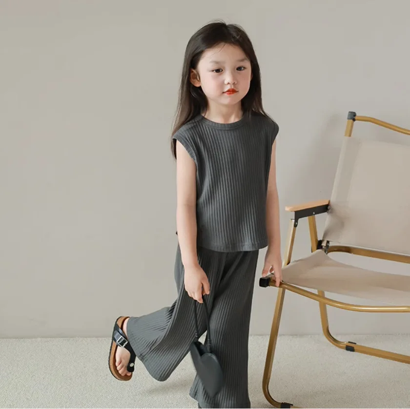 Baby Girls Casual Suit Homewear 2pcs Summer Sleeveless Vest Top + Trousers Two-piece Loose Children Clothes Sets 2 3 4 5 6 years