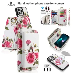 Magnetic Leather Zipper Wallet Phone Case with Card Holder and Flip Stand Cover - iPhone 13 Pro Max (White)