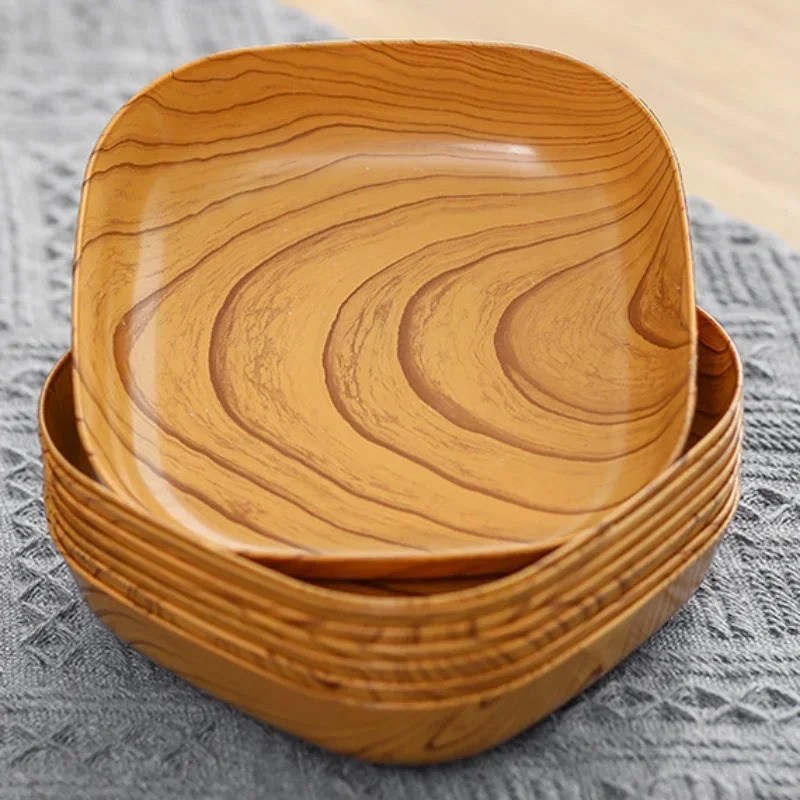 Plastic Dinner Plates Wood Grain Square Plate Salad Bowl Kitchen Spit Bone Dish Plate Coaster Serving Dining Snack Nuts Kitchen