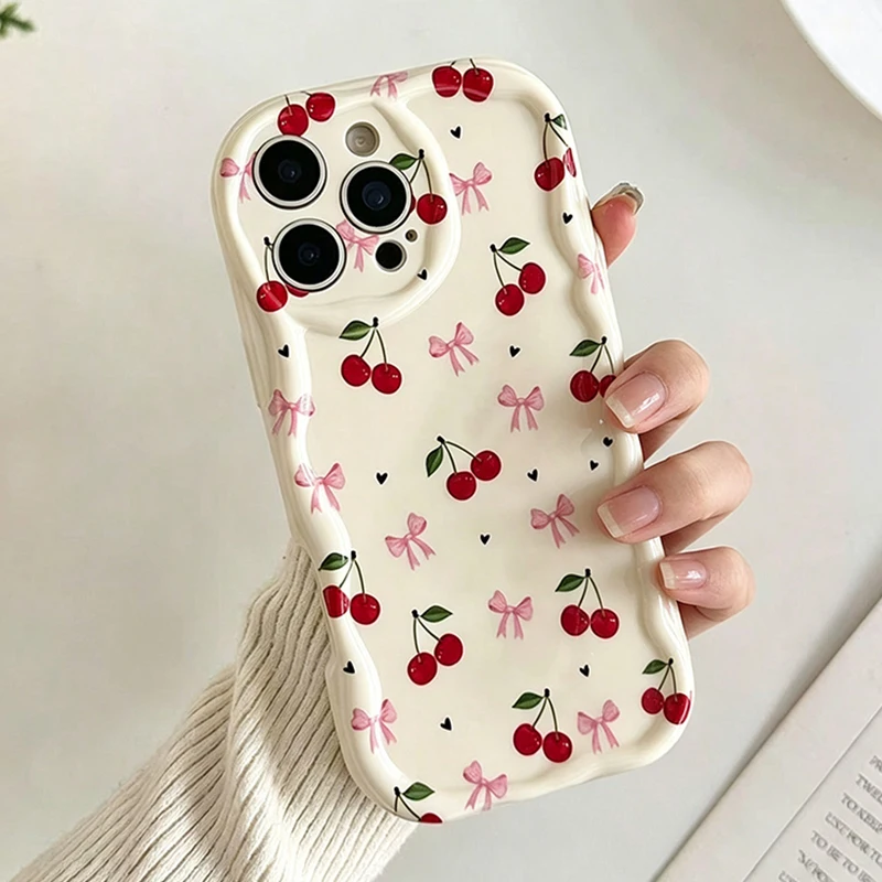 Cream Textured Glossy Heart & Bow Cherry Phone Case with Wavy Edges