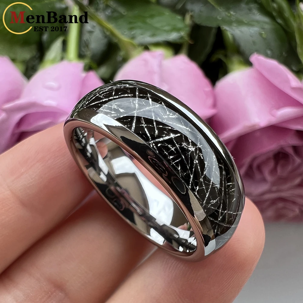MenBand Fashion 6/8MM Men Women Tungsten Wedding Band Ring With Black Meteorite Inlay Dome Polished Comfort Fit