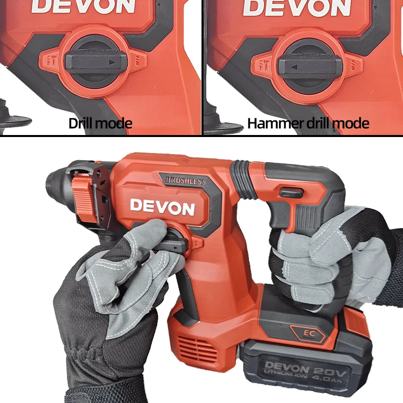 Devon 5408-Li-20V 6-12mm Lithium Brushless Multifunctional Rotary Hammer Cordless Impact Hammer Power Tools For 20V Battery 6