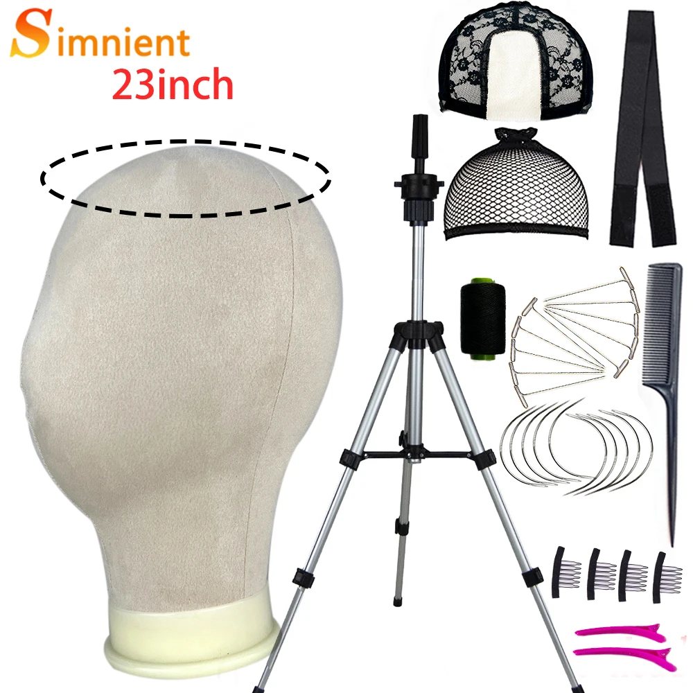 New 23inch Canvas Block Head Display Training Mannequin Head Styling Manikin Doll Wig Tripod Stand Free Get Wig Install Kit