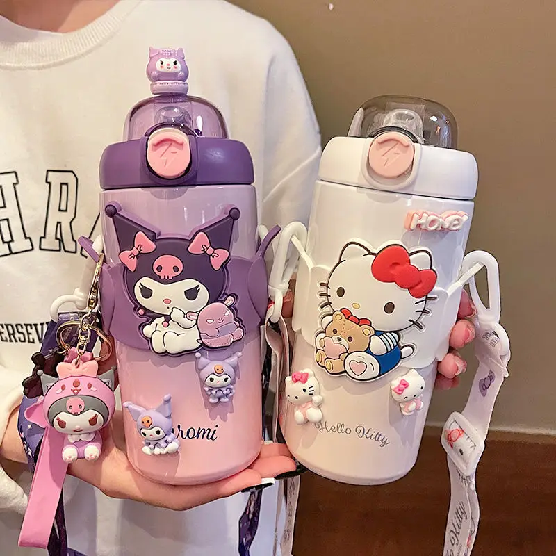 

500Ml Anime Kawaii MINISO Hello Kitty My Melody Kuromi Thermos Cup with Cup Rope Crossbody High Capacity Water Cup Kids Gift