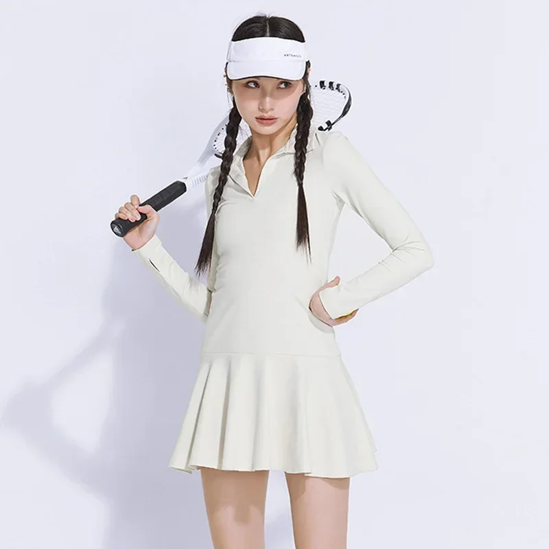 Women Warm Fleece Tennis Dress Ladies Full Sleeve Sport Dress Women V-neck Running Fitness Short Skirt Badminton Yoga Skort
