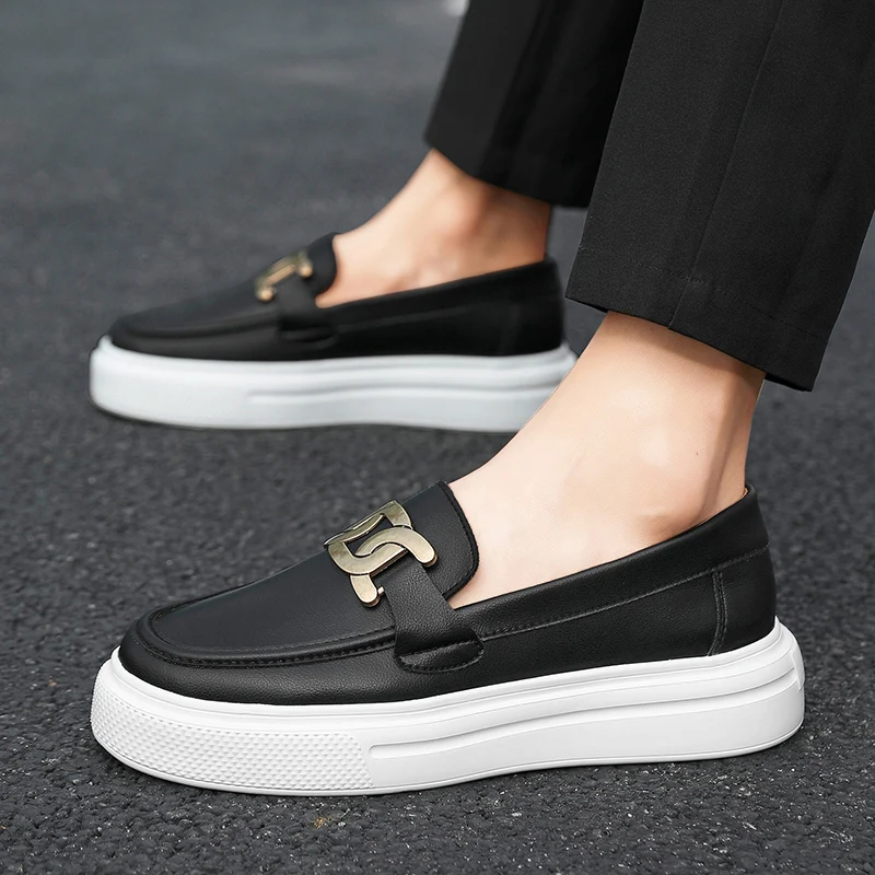 Original Black Men's Leather Loafers Fashion Platform Slip-on Casual Shoes Women Trendy Comfy Breathable Designer Moccasins Man