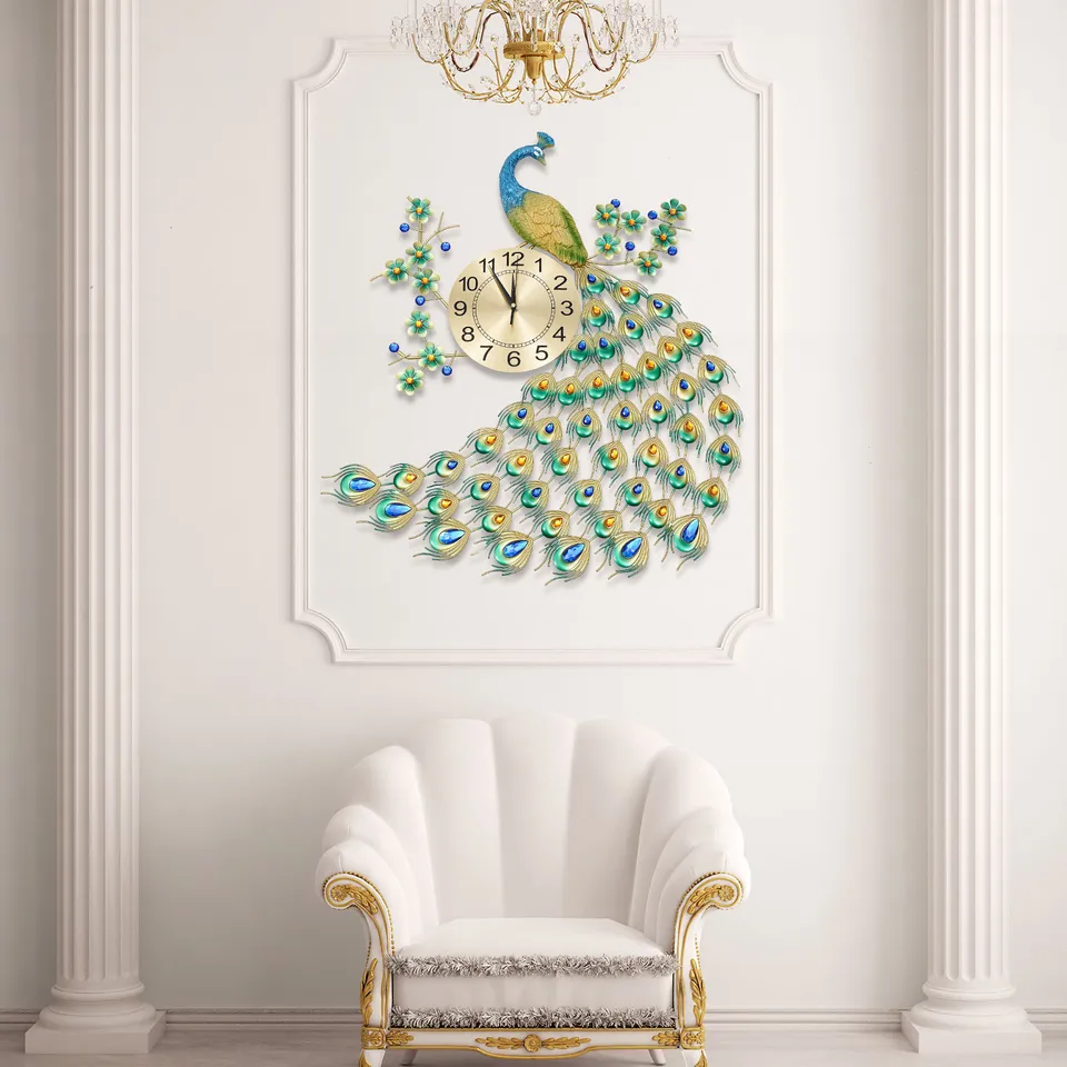 Elegant Peacock Wall Clock Metal 3D Art Decor