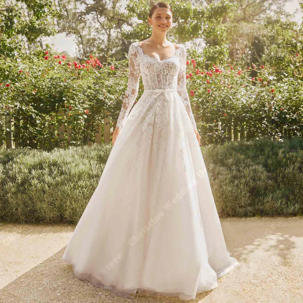 Round-Neck A-Line Women Wedding Dresses Elegant Lace Print Bridal Wedding Gowns Mopping Length Engagement Ball Vestidos De Noiva 3