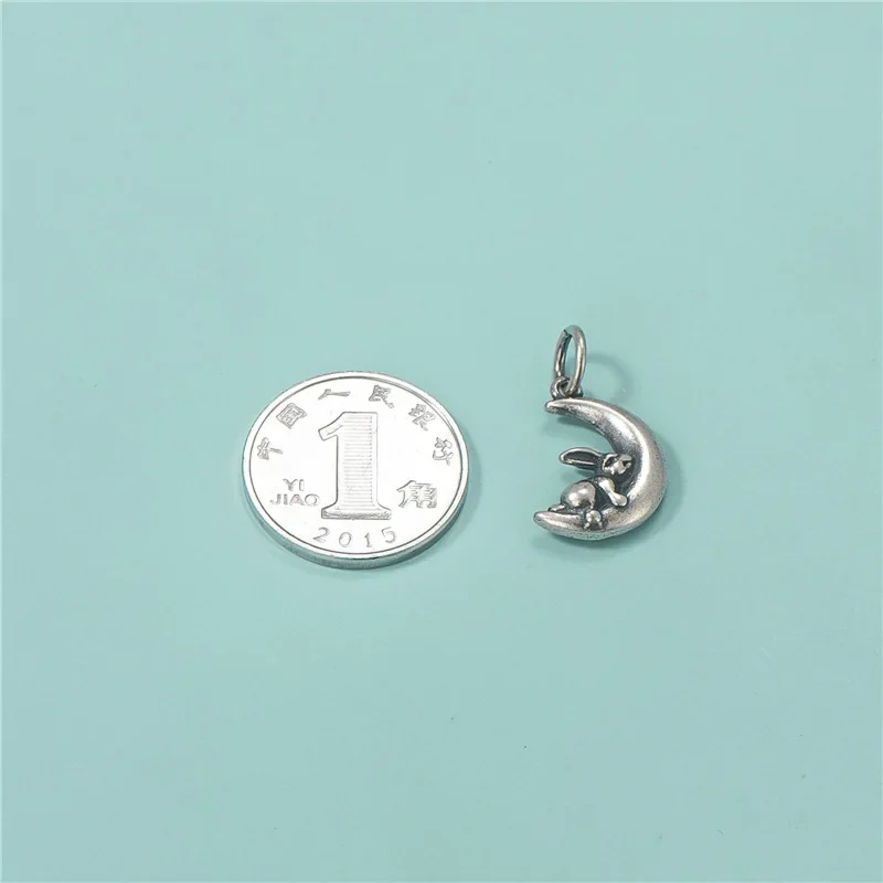 TrustDavis Real 925 Sterling Silver Fashion Sweet Cute Moon Rabbit Charm Pendant Handmade DIY Accessories Fine Jewelry HY495