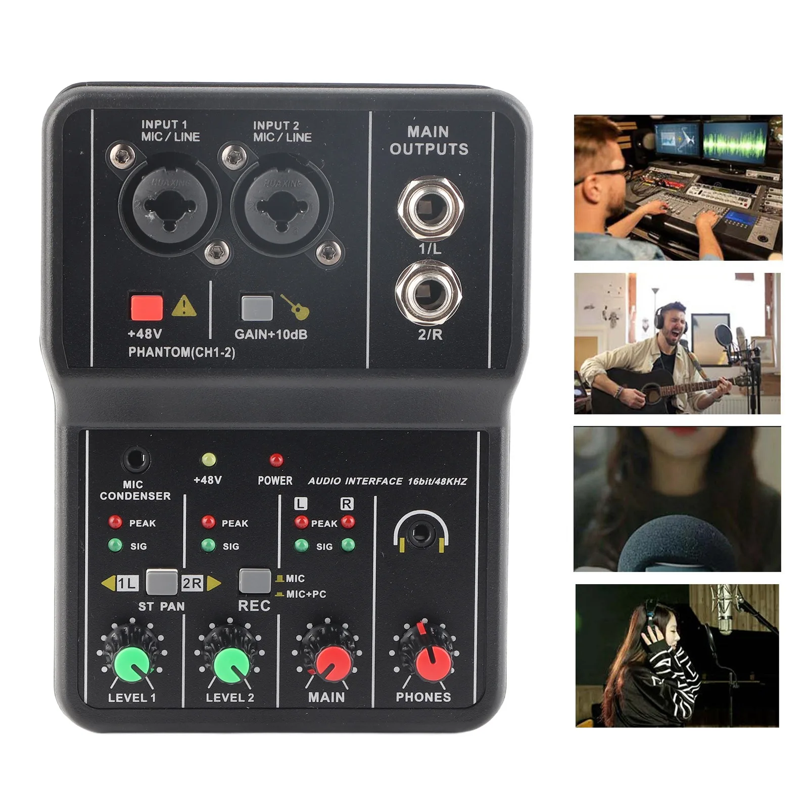 Audio Mixer Portable 2 Channels Audio Mixer 48V Phantom Power USB Power Supply for Music Recording