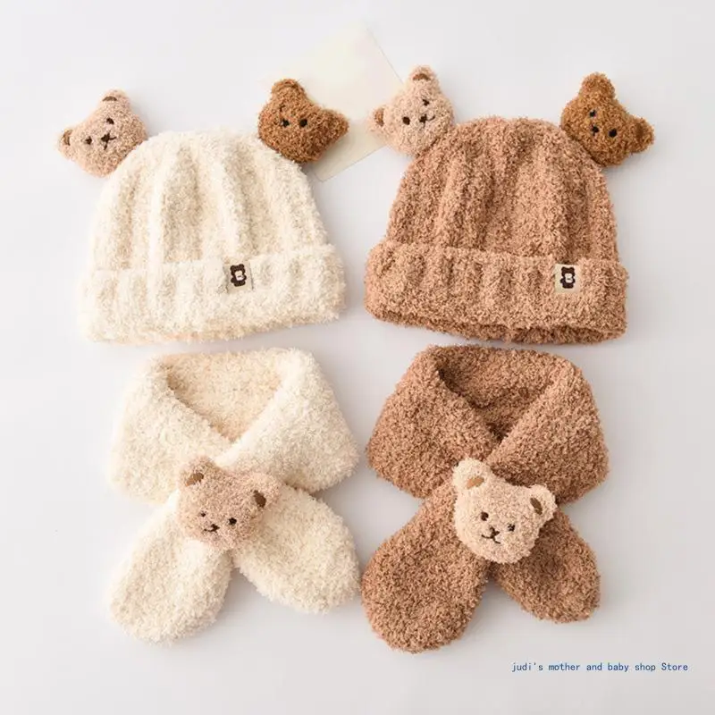 67JC  겨울 모자 목 스카프 세트 귀여운 곰 플러시 비니 보닛 모자 Neckerchief 키트