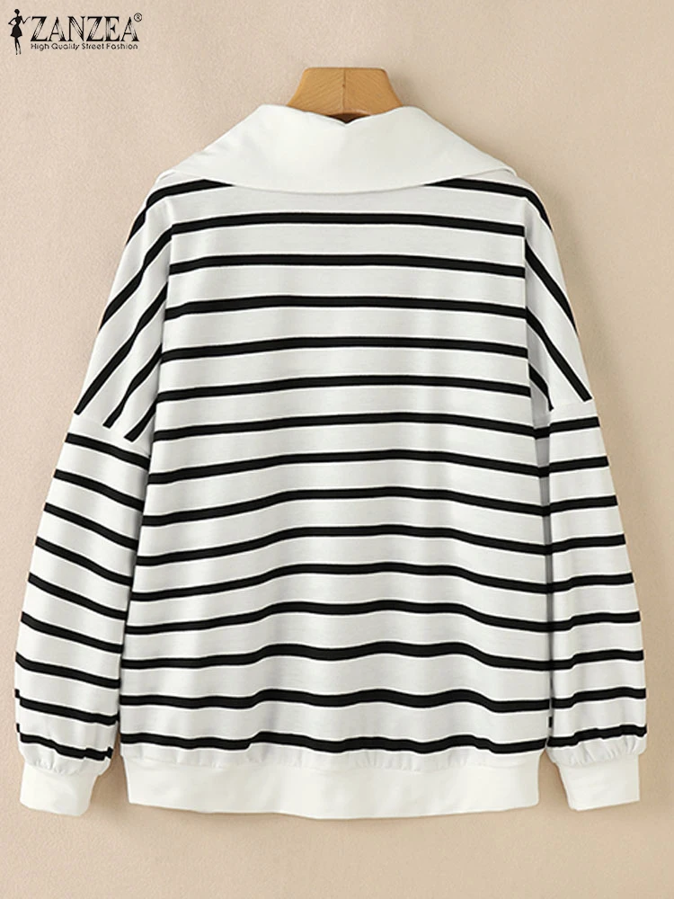 ZANZEA Women Stripes Printed Sweatshirts 2025 Casual Drop Shoulder Tops Fashion Zipper Colorblock Long Sleeve Commuting Pullover 4