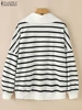 ZANZEA Women Stripes Printed Sweatshirts 2025 Casual Drop Shoulder Tops Fashion Zipper Colorblock Long Sleeve Commuting Pullover 4
