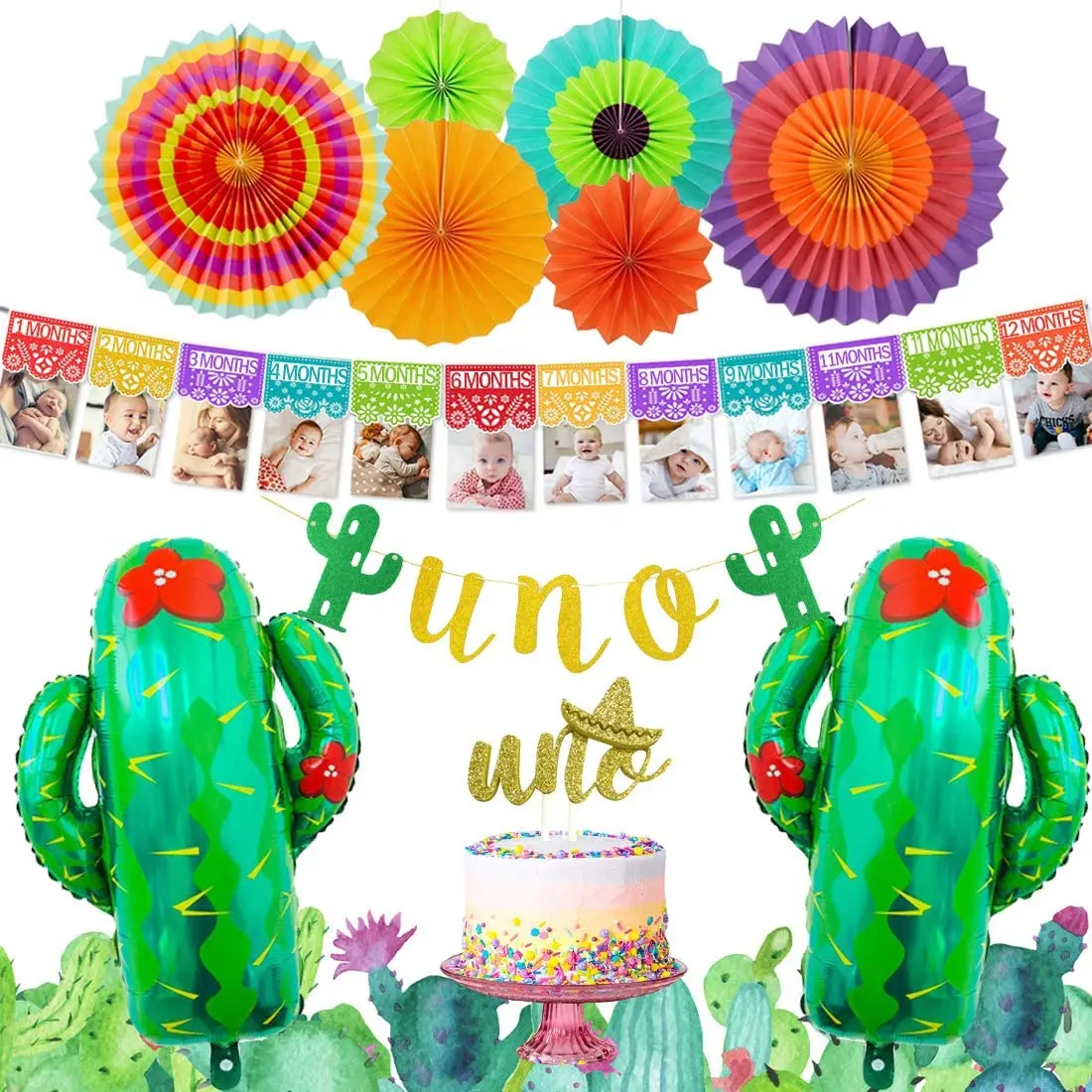 

Fiesta Theme First Birthday Party Decorations Mexican Monthly Photo Banner Uno Garland Cactus Foil Balloons for 1st Birthday