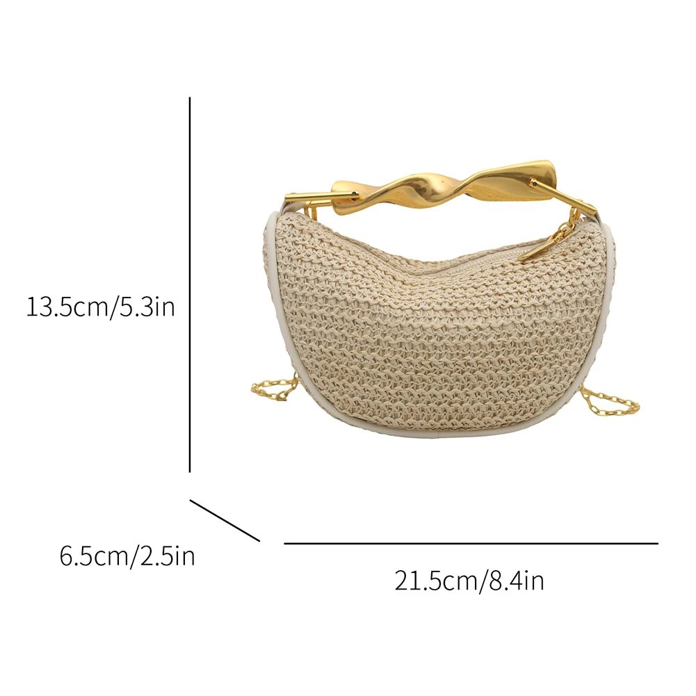 Straw Shoulder Bag with Metal Handle for Women Summer Beach