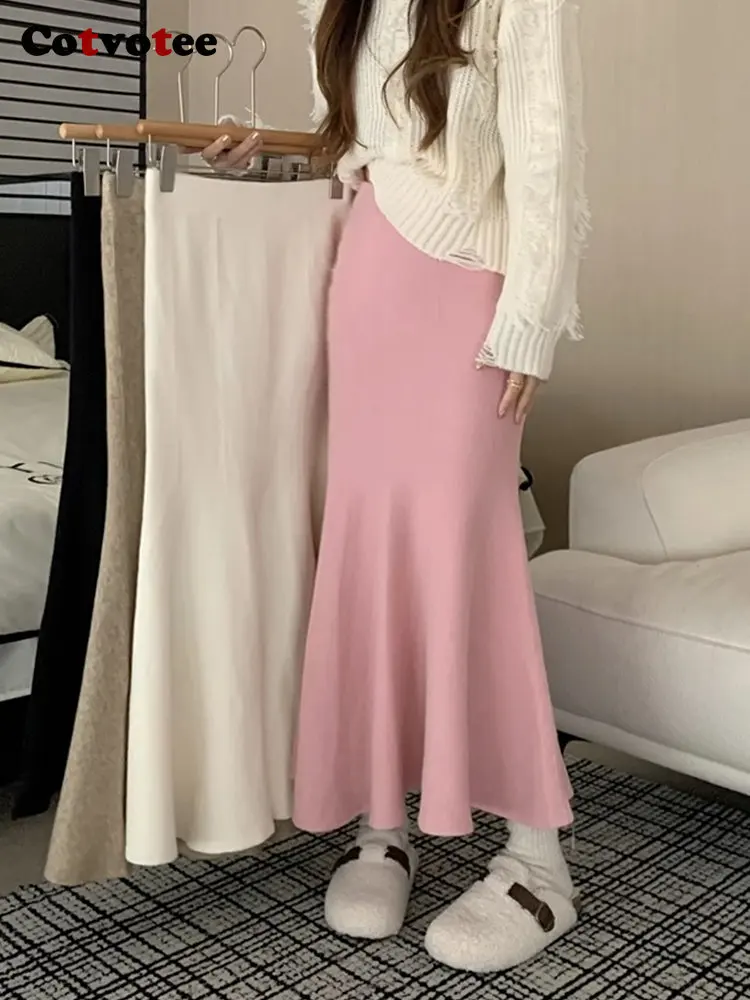 

BabYoung Knitting For Women 2024 Fashion High Waist Slim Trumpet Mermaid Skirts Casual Elegant Ankle Length Long Skirt