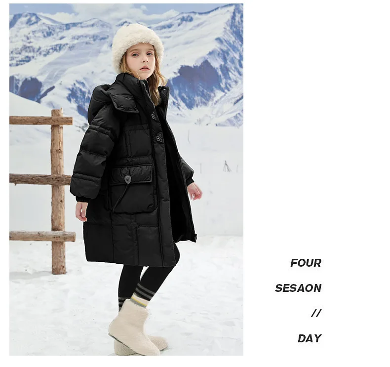 Winter New Printed Solid Color Thick Windproof and Warm Hoodie Long Fashion and Handsome Down Jacket for 4-14 Years