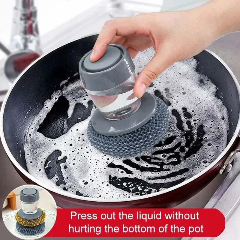 

Kitchen automatic liquid adding dishwashing brush household dishwashing brush sponge brush steel wire ball long handle cleaning