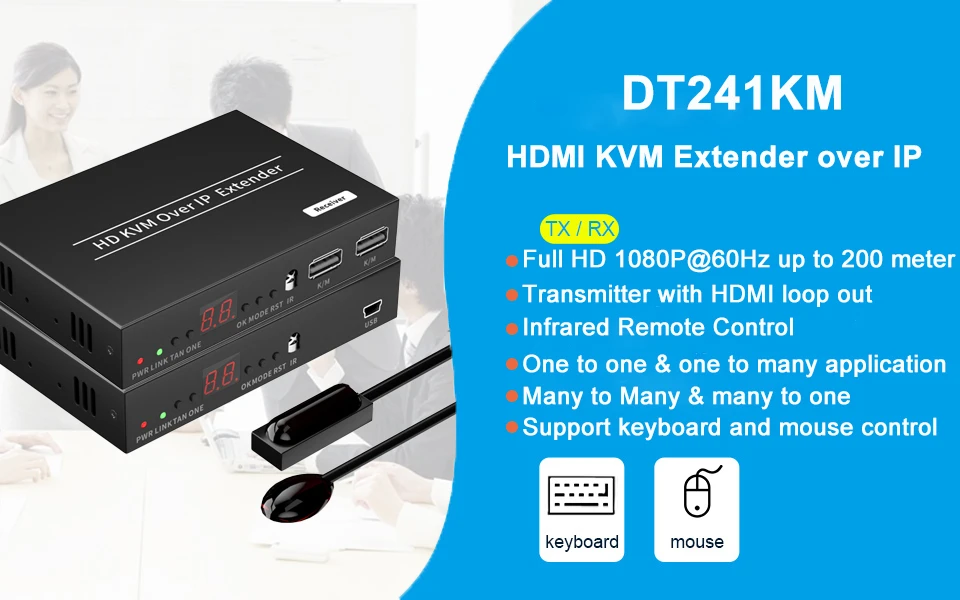 IP Network USB 2.0 KVM Extender RJ45 Ports 1080P HDMI Over LAN KVM Extender 200m