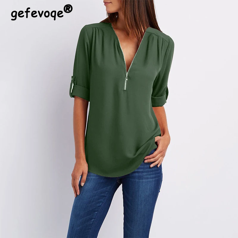 

England Style Elegant Fashion Zipper Solid Color Chiffon Shirt Spring Summer 2023 V-Neck Long Sleeve Loose Tops Women's Clothing