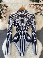 Women Bodysuit 2025 New Spring Fashion Diamonds Long Sleeve T-shirt Casual Streetwear Floral Print Sexy Skinny Bodycon Tops