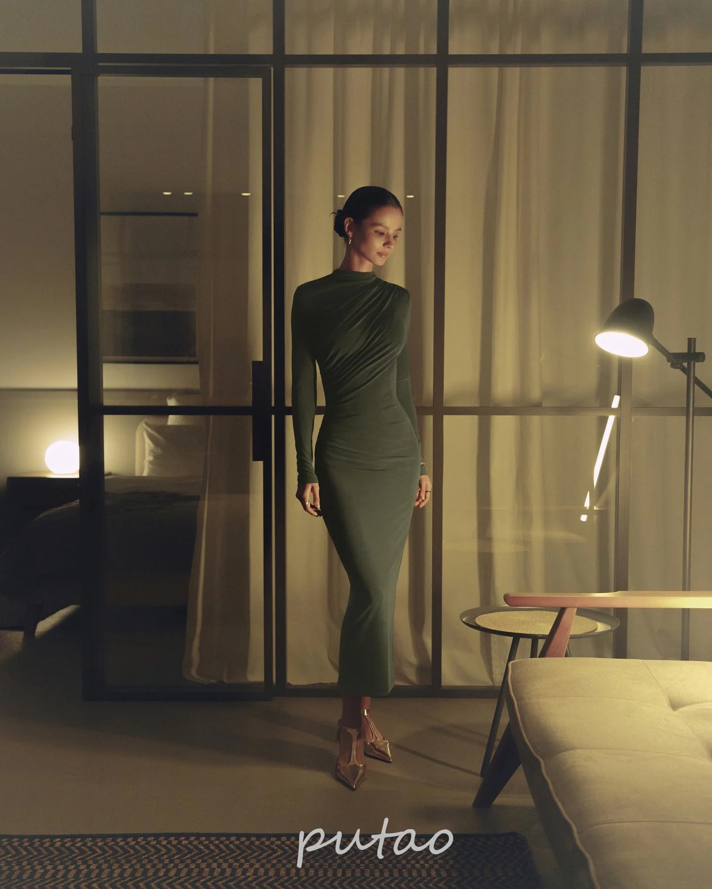Putao Olive Midi Prom Dress With Asymmetric Draperies Formal Evening Dress Bodycon Long Sleeves Elegant Ankle Length