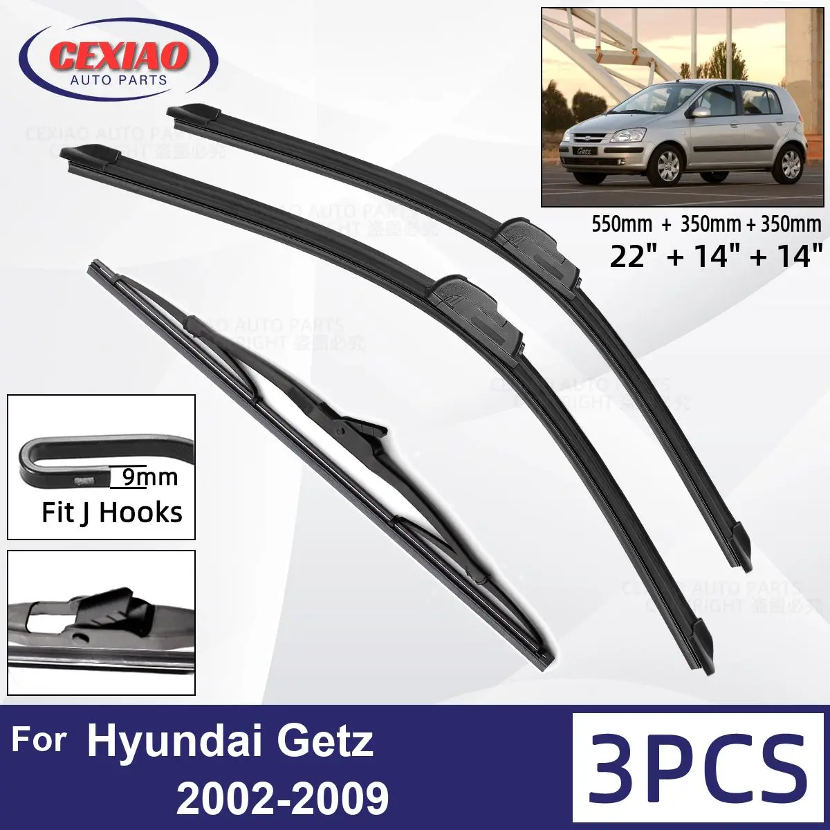 

For Hyundai Getz 2002-2009 Car Front Rear Wiper Blades Soft Rubber Windscreen Wipers Auto Windshield 22"+14"+14" 2006 2007 2008