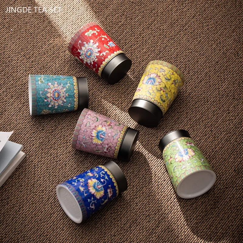 250ml Exquisite Ceramic Tea Tin Aluminum Lid Sealed Jar Enamel Color Tea Box Travel Portable Moisture-proof Coffee Container