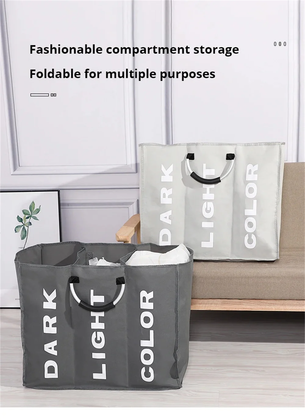 1pc 3 Grids Foldable Laundry Basket Bag Dirty Clothes Laundry Hamper Waterproof Oxford Durable Fabric Dirty Storage Basket