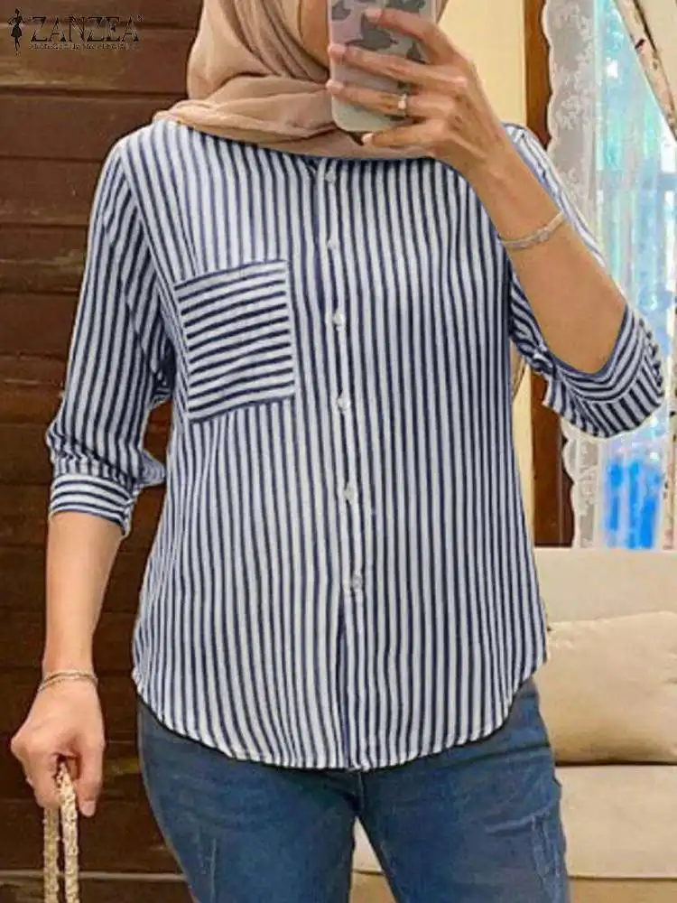 

ZANZEA Spring Casual Striped Printed Blouse Fashion Eid Mubarek Shirt O Neck 3/4 Sleeve Muslim Blusas Bohemian Holiday Chemise