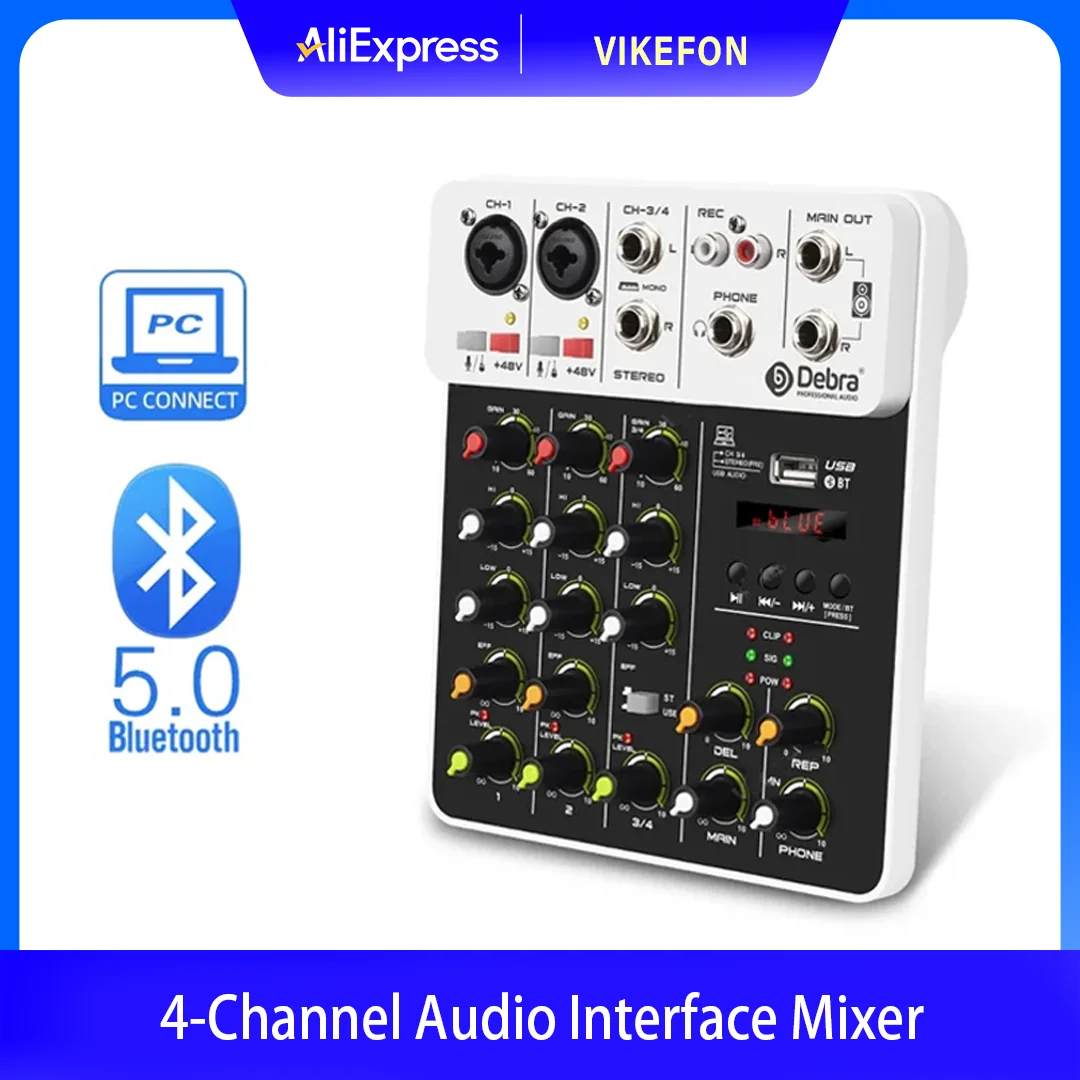 Portable 4 Channel Audio Mixer with Bluetooth and USB Recording