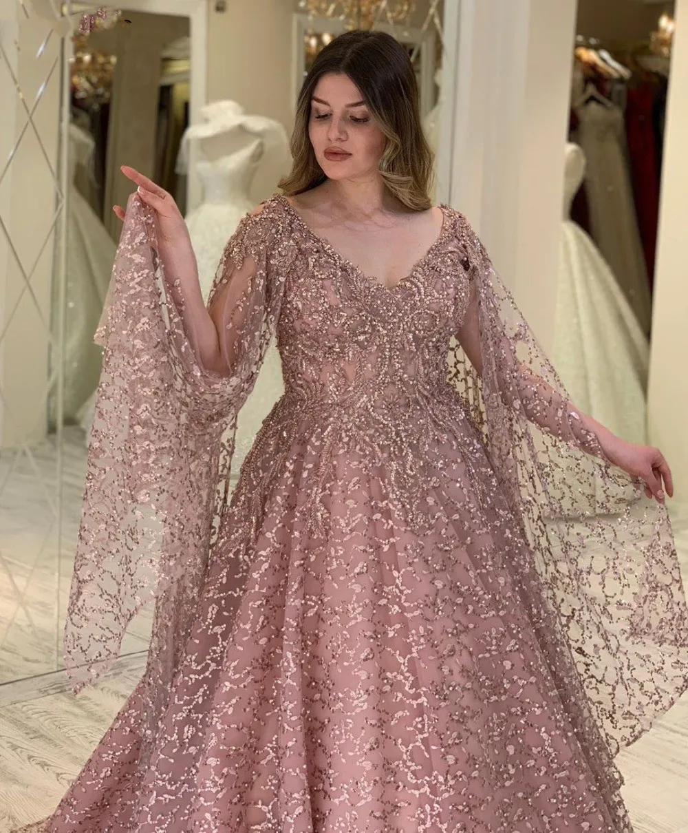 Plus Size Blush Pink Evening Dresses A-Line Middle East Lace Prom Dresses  Beading Celebrity Dresses Party Women Robe De Soiree