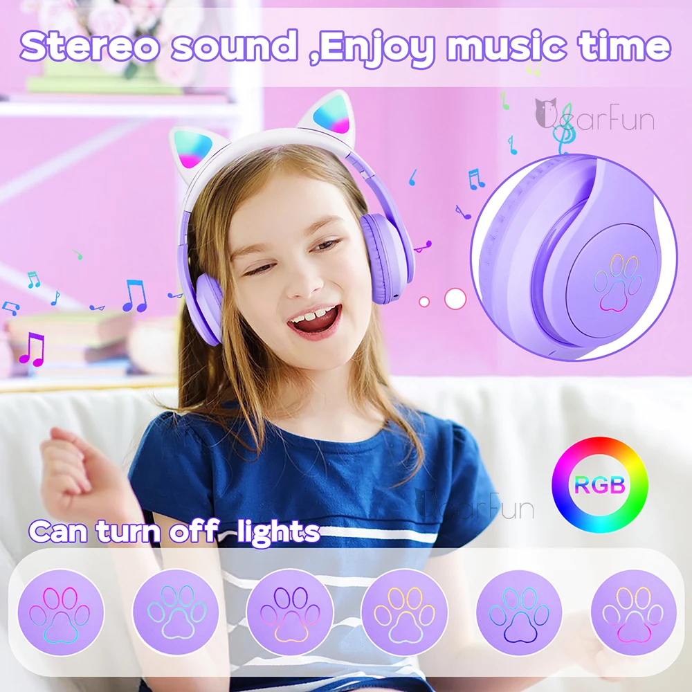 Gradient Cat Headphones Wireless with Mic Flash Light Stereo Music Bluetooth Headset Kids Headset Girl Daughter Christmas Gift