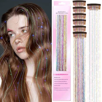 6Pcs Hair Tinsel Clip in 19.6Inch Glitter Synthetic Tinsel Hair Clip in Hair Tinsel Kit Heat Resistant Shiny Sparkle Fairy Hair 1