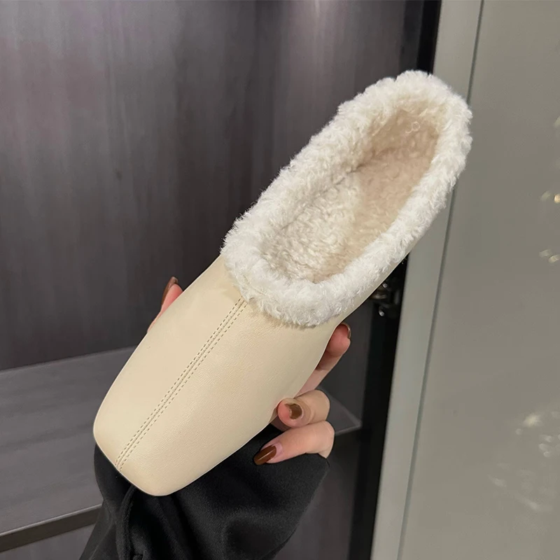 Women Flat Shoes Multicolor Square Toe Wool Warm Comfortable Anti-skid Rubber Sole Work Shoes Autumn Genuine Leather Women Pumps