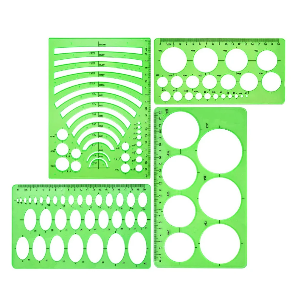4 Pieces Template Plastic Rulers Circle Oval Radius Drawing Templates for Office and School Supplies Clean Green |