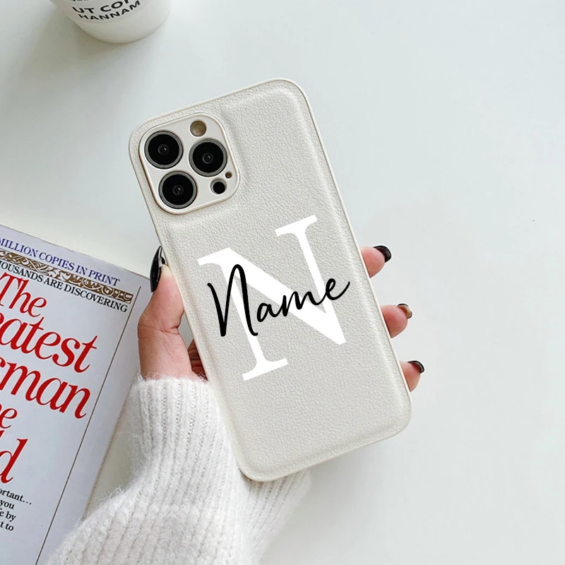 thumbnail image 1 of Custom Name Case For iPhone X XR XS 15 11 13 12 Mini 14 Pro 11Pro 14Pro Max 7 8 Plus ProMax 8Plus Text Leather Color Back Cover, 1 of 5
