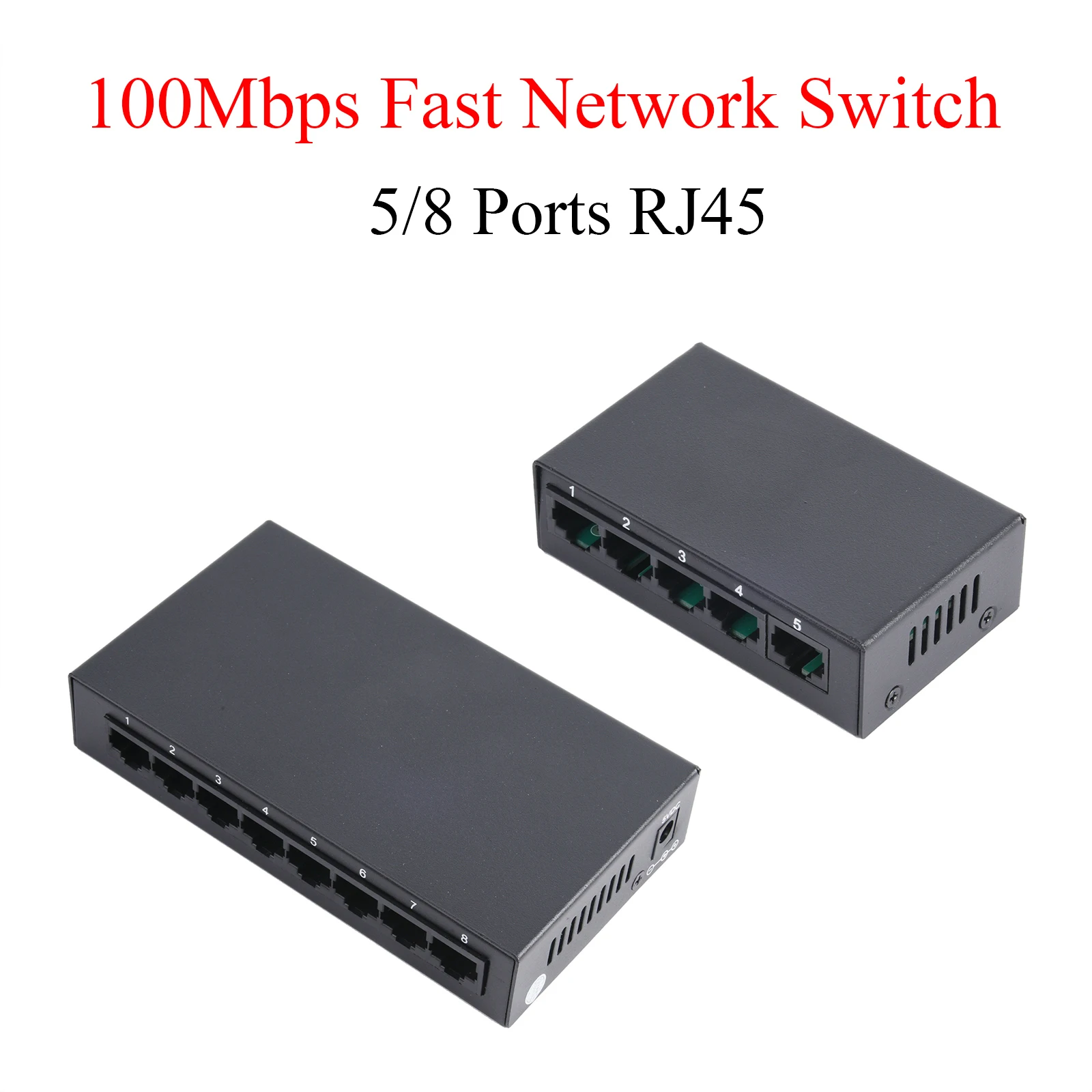 

1PCS 5 Ports/8 Ports 100Mbps RJ45 Fast Network Switch Smart Switcher Hub Metal Shell With US Power Adapter Internet Splitter