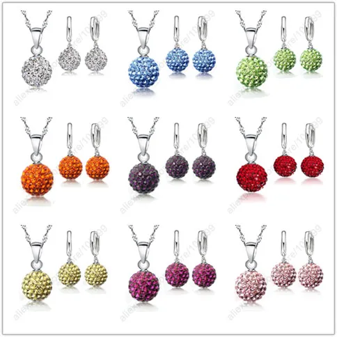 Jewelry Set 925 Sterling Silver Austrian Crystal Ball Lever Back Earring Pendant Necklace for Woman