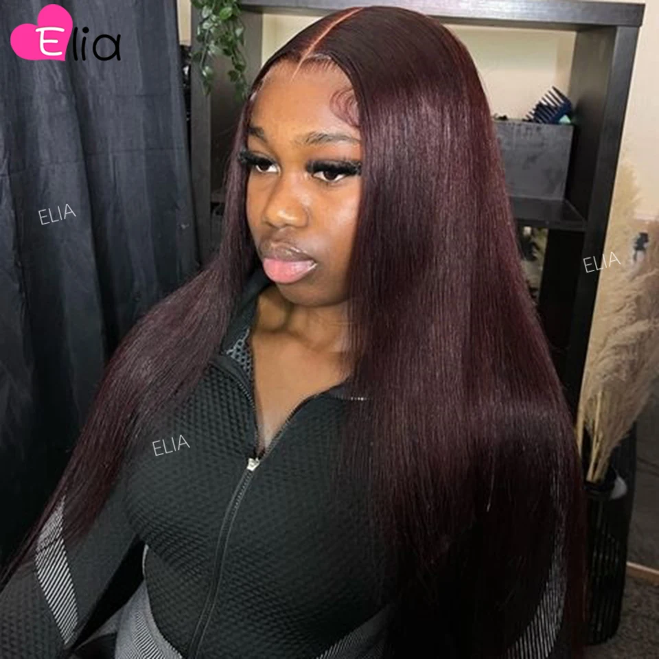 13x4 Dark Burgundy Lace Frontal Wig Human Hair 4X4 Lace Closure Wig Straight Brazilian Human Hair Wigs Transparent Lace Elia