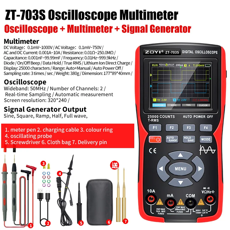 Digital Oscilloscope Multimeter Tester Dual Channel 50MHz Bandwidth Sampling Rate 200/280Msa/s Function Signal Generator images - 6