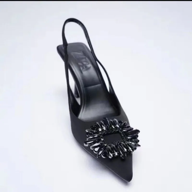 

2023 Black Rhinestone High Heels Women Slingback Stiletto Sandals Heels Woman Pumps Fashion Female Red Green Heeled Sandals