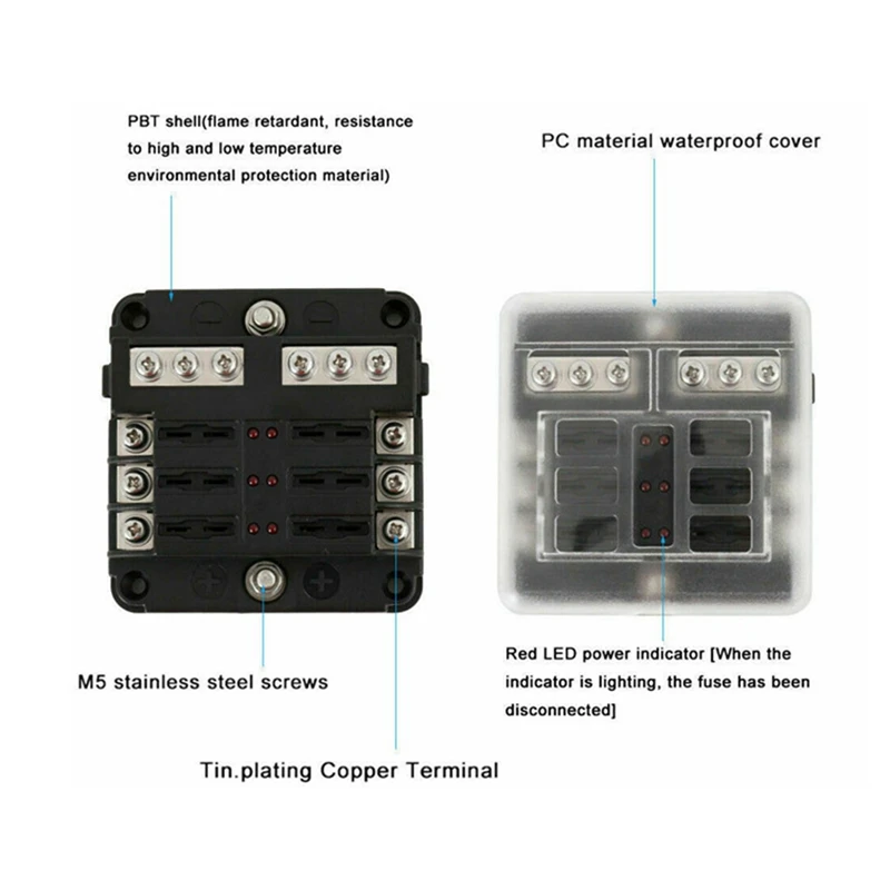 6 Way Waterproof Fuse Block,With LED Indicator Accessory Part Kit With Negative Marine Fuse Box For Dc12-24V Car Boat RV Truck